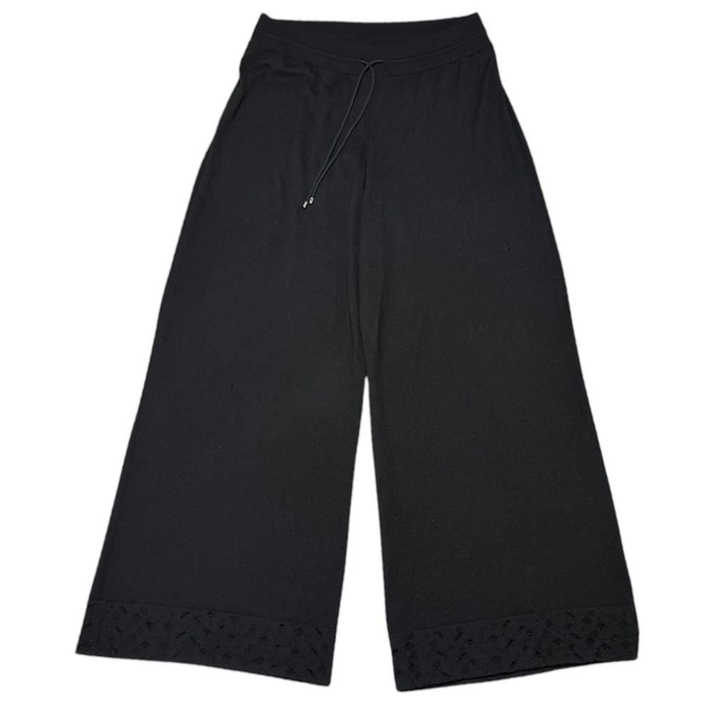 BARRIE Cashmere Wide Leg Drawstring Pants Crochet Lace Trim Black Women M